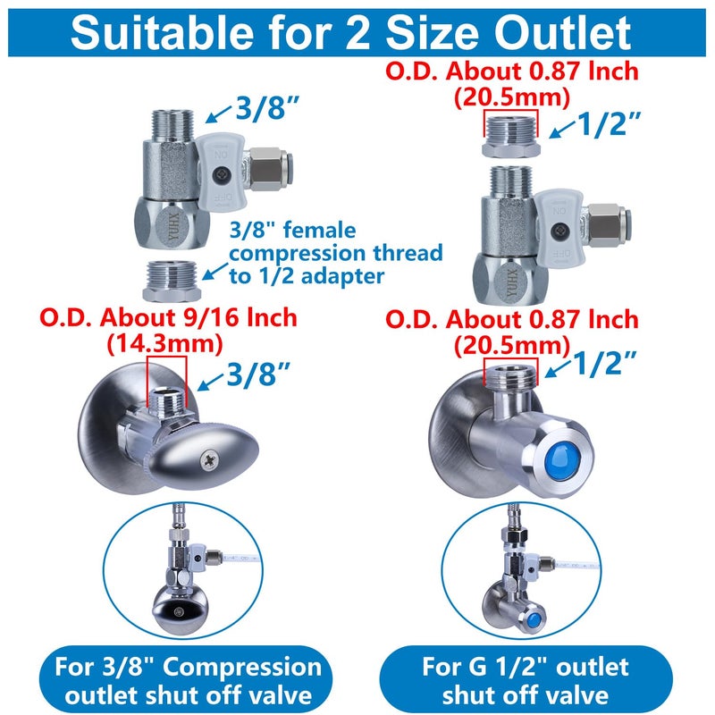 YUHX Feed Water Adapter 3/8" x 1/4" or 3/8" Add-A-Tee, 1/2 x 1/4 or 3/8 Water Line splitter,1/4 Push to Connect not Fit Thread or Braided Hose - Image 2
